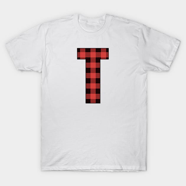 Letter T Monogram Red and Black Buffalo Plaid/Check T-Shirt by Gsallicat